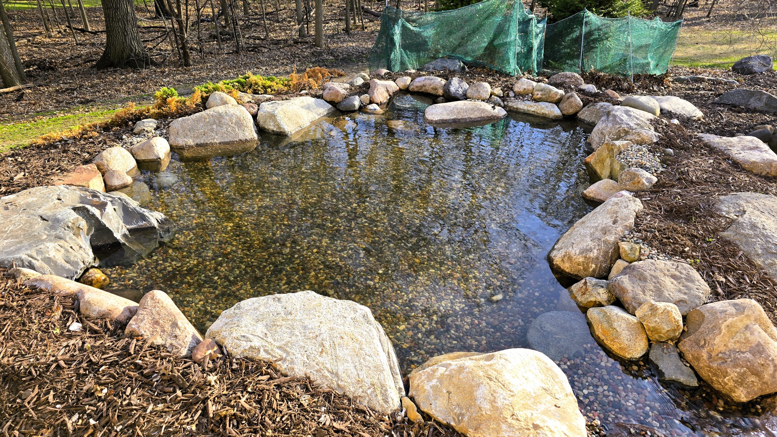 backyard pond with wetland filter system and natural stone stream in Minnesota improving water quality and filtration