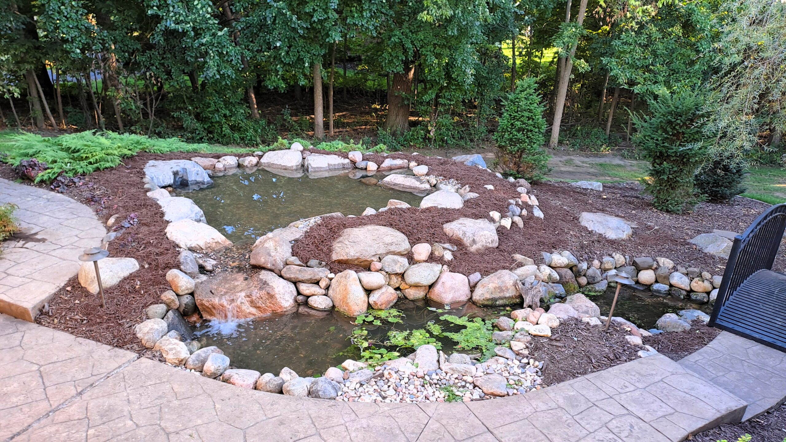 backyard pond with wetland filter system and natural stone waterfall stream in Minnesota