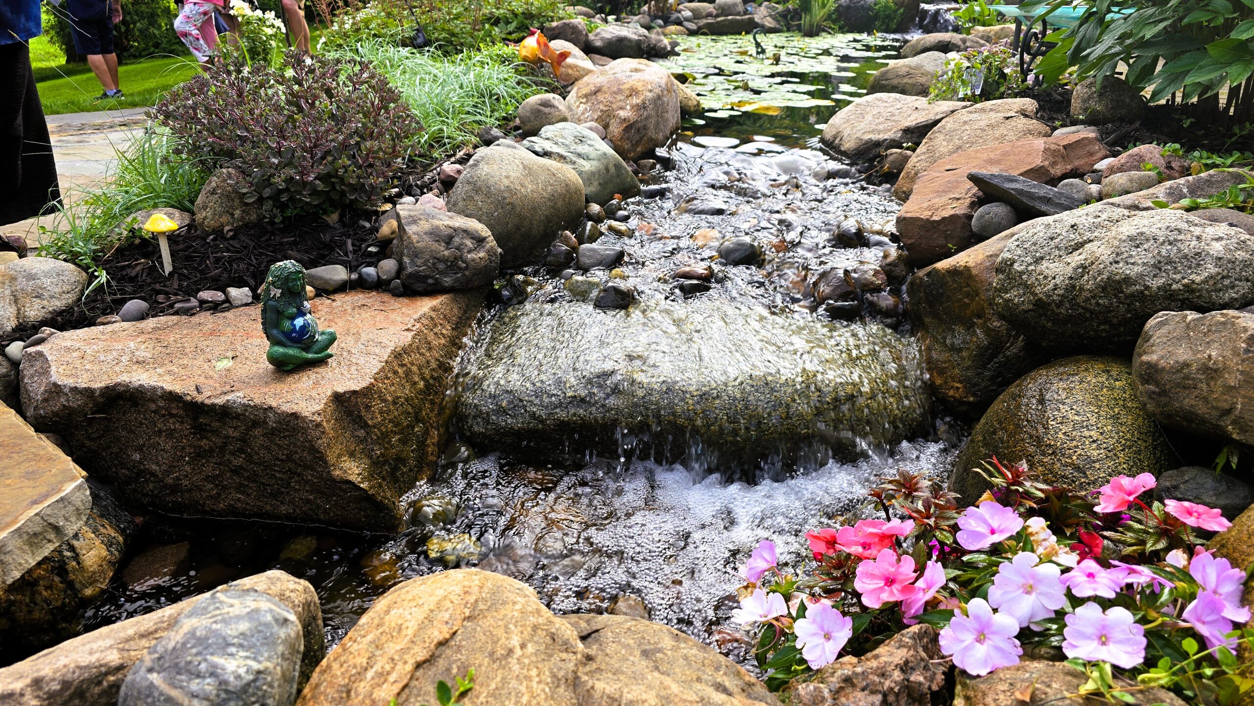 Natural-looking stream flowing from a wetland filter into an existing backyard pond