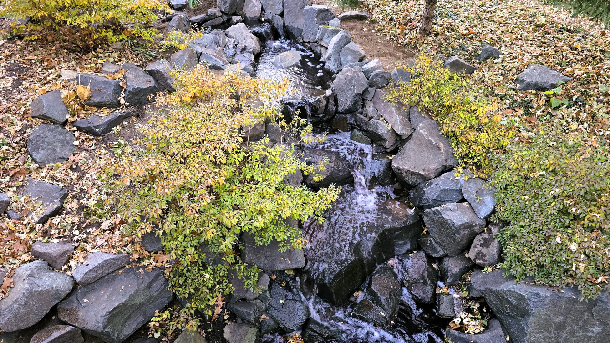 Rebuilt backyard trap rock waterfall with multiple cascades after a 14-foot stream reconstruction in Arden Hills, Minnesota.